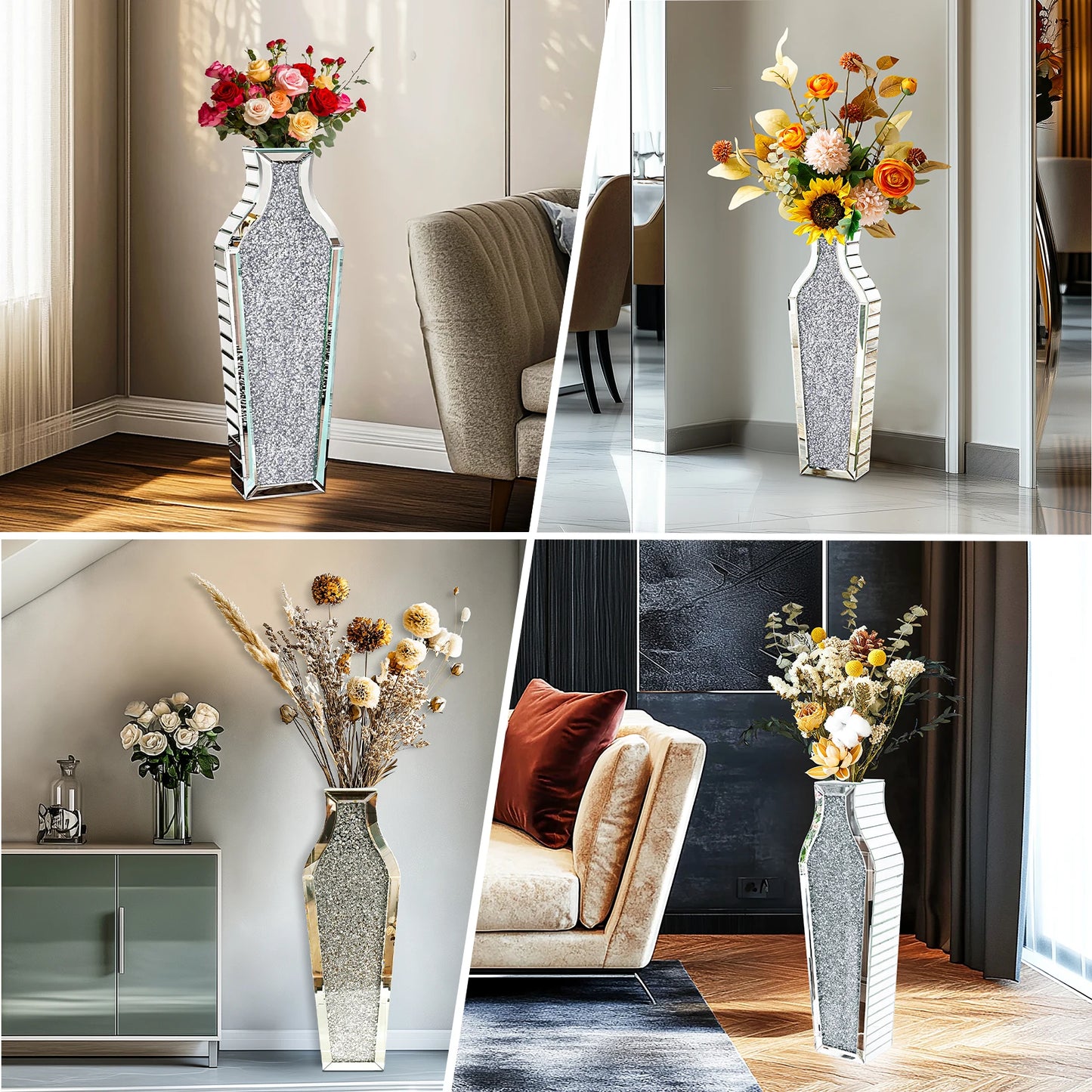 Function Crushed Diamond Mirrored Crystal Flower Vase Floor Decor