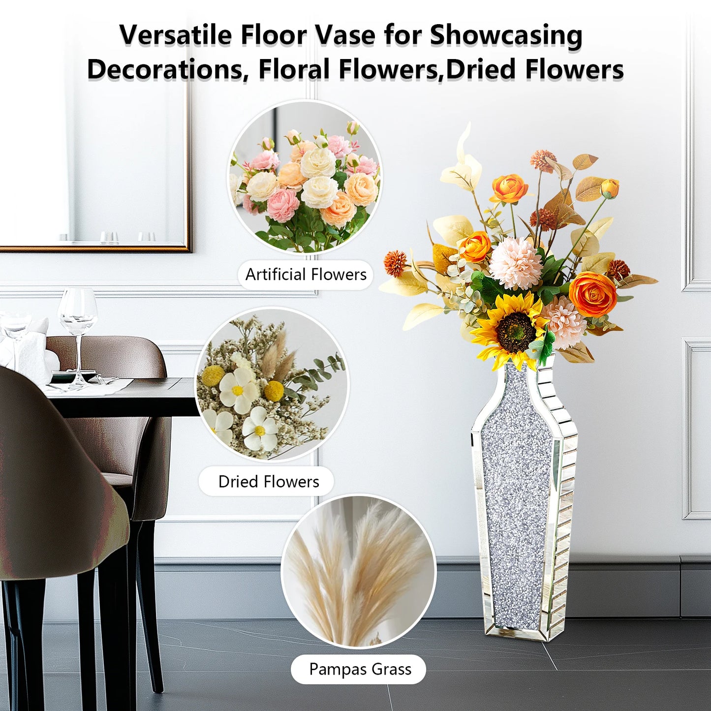 Function Crushed Diamond Mirrored Crystal Flower Vase Floor Decor