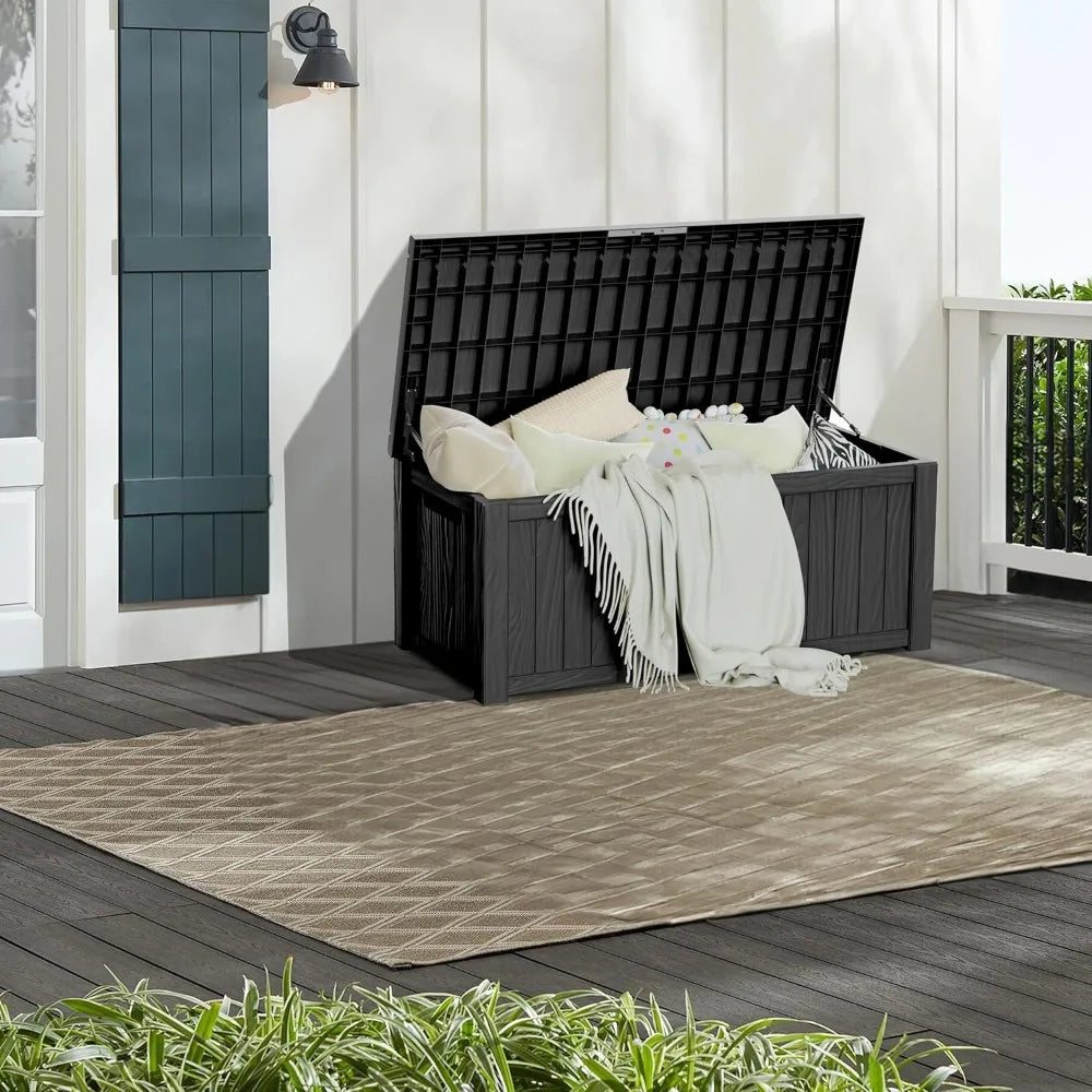 150 Gallon Lockable Resin Deck Box, Waterproof & UV-Resistant Outdoor Storage Box for Outdoor Cushion Storage, Garden Tools & Po