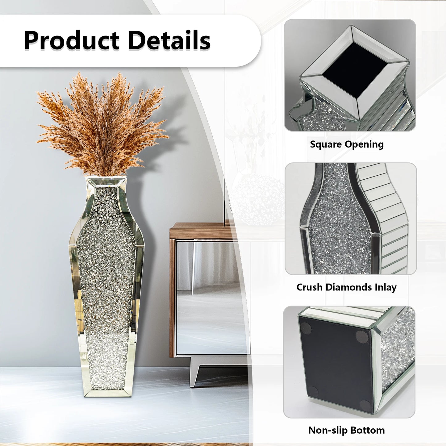 Function Crushed Diamond Mirrored Crystal Flower Vase Floor Decor