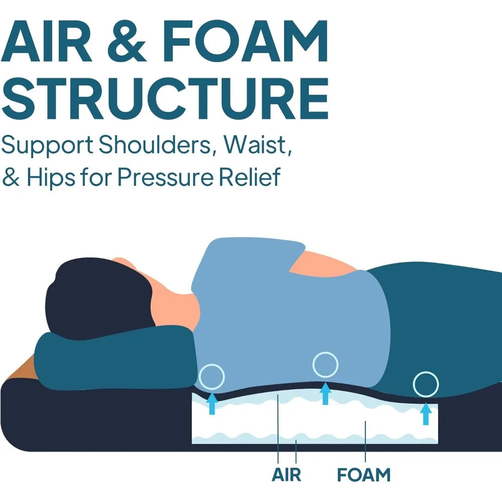 Air and foam camping mattress, self-inflating pad, 4.5 "thick, with air pump, Cot