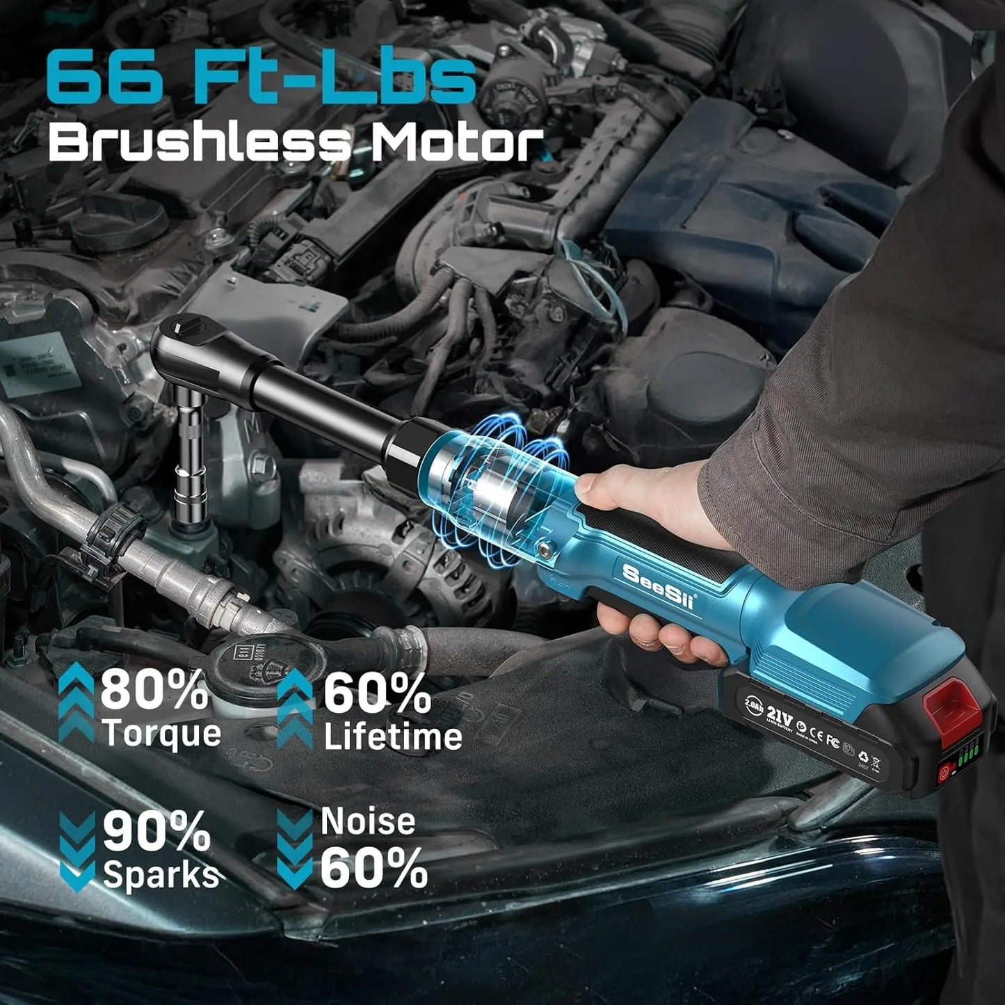 Seesii 21V Cordless Rechargeable Electric Ratchet Wrench 80Nm