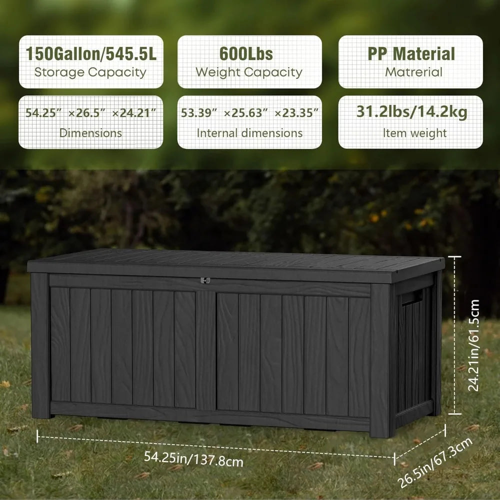 150 Gallon Lockable Resin Deck Box, Waterproof & UV-Resistant Outdoor Storage Box for Outdoor Cushion Storage, Garden Tools & Po