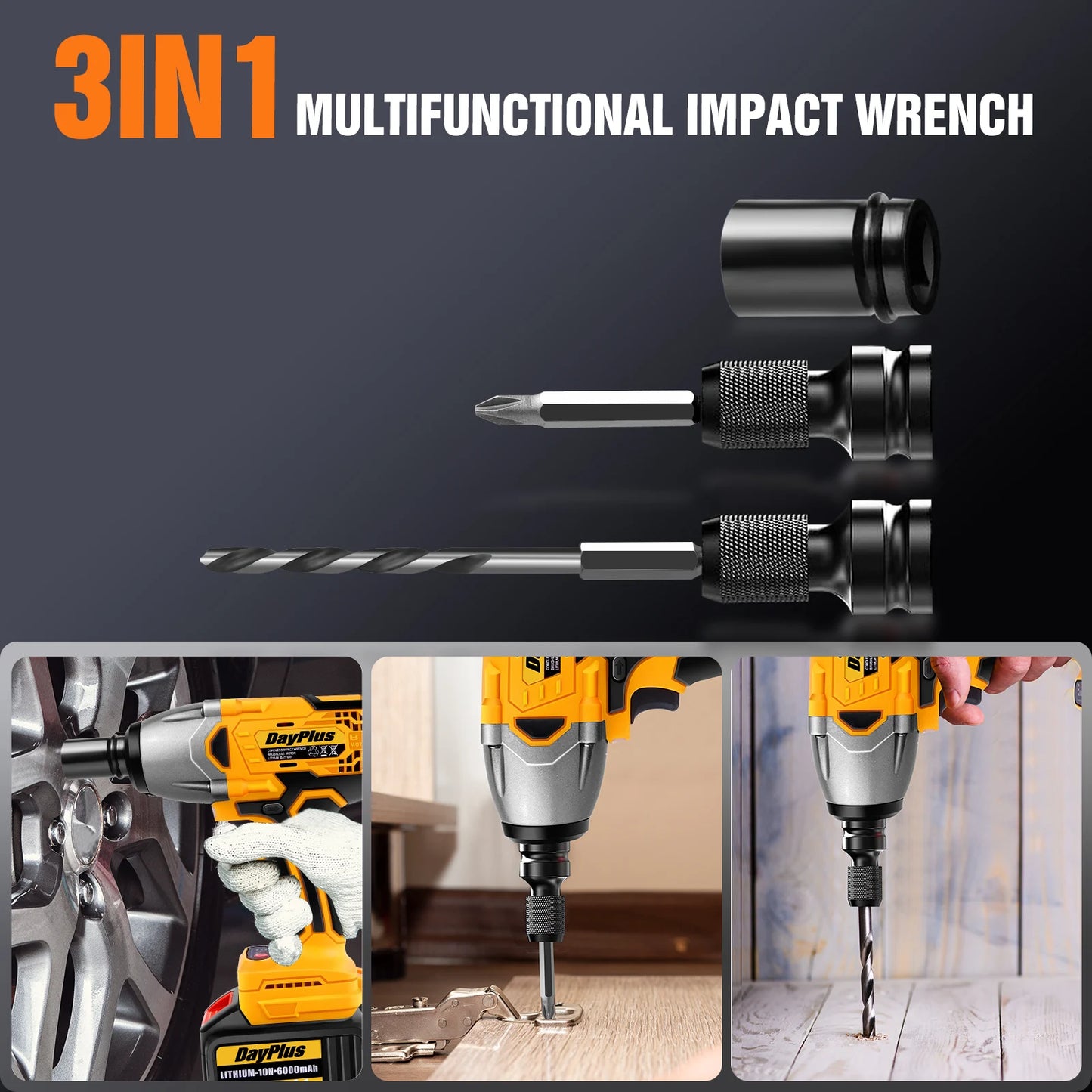 DayPlus 1500Nm Cordless Impact Wrench Brushless 3 In 1