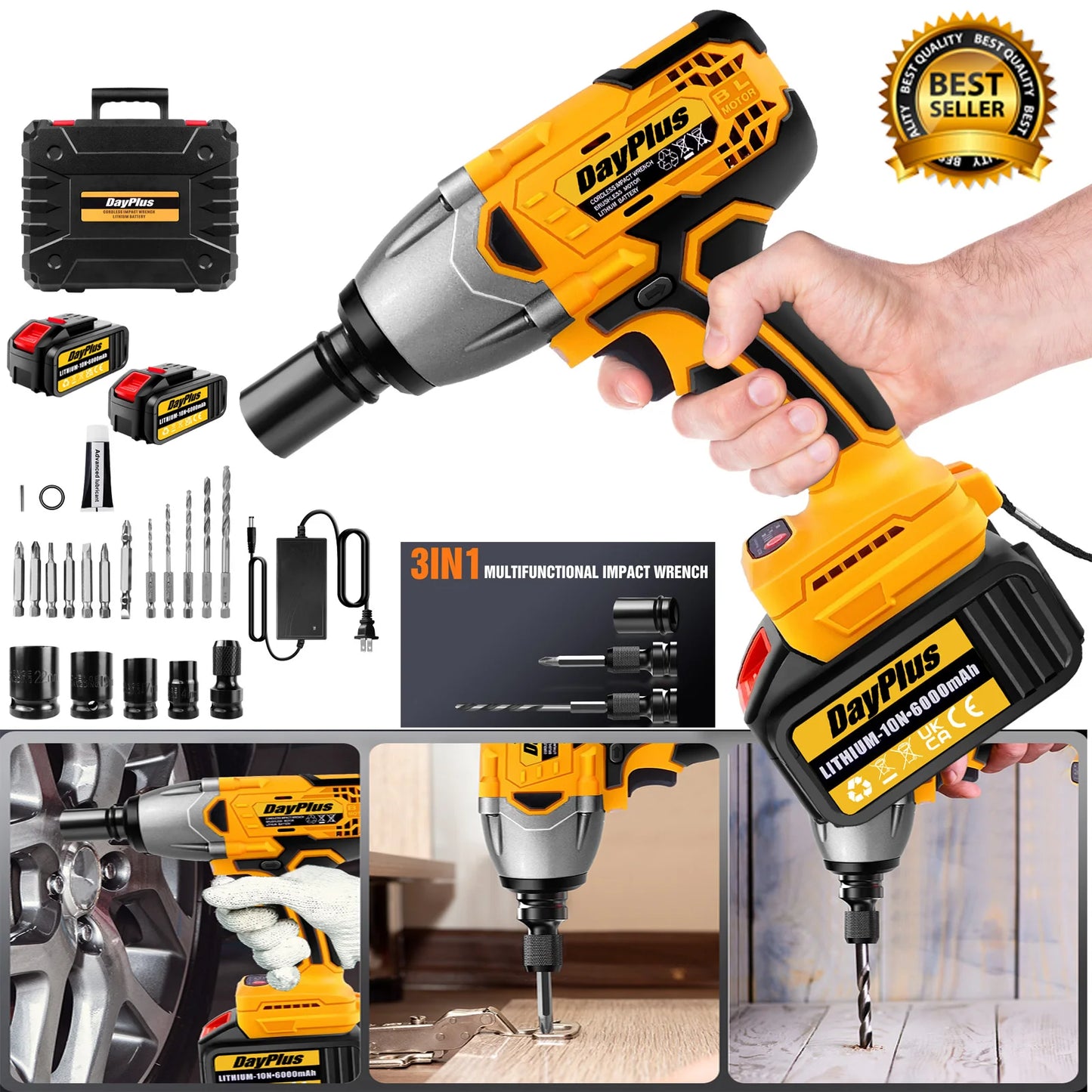 DayPlus 1500Nm Cordless Impact Wrench Brushless 3 In 1